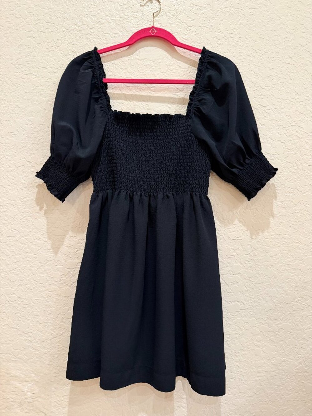 Hill House Home Athena Nap Dress Smocked Babydoll Mini Puff Sleeve M Black
